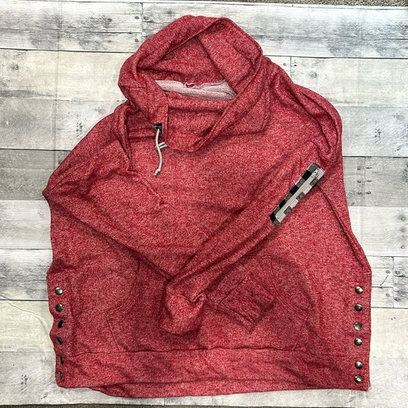 Cowl Neck Lightweight Sweatshirt Red with Side buttons - Picture 1 of 6